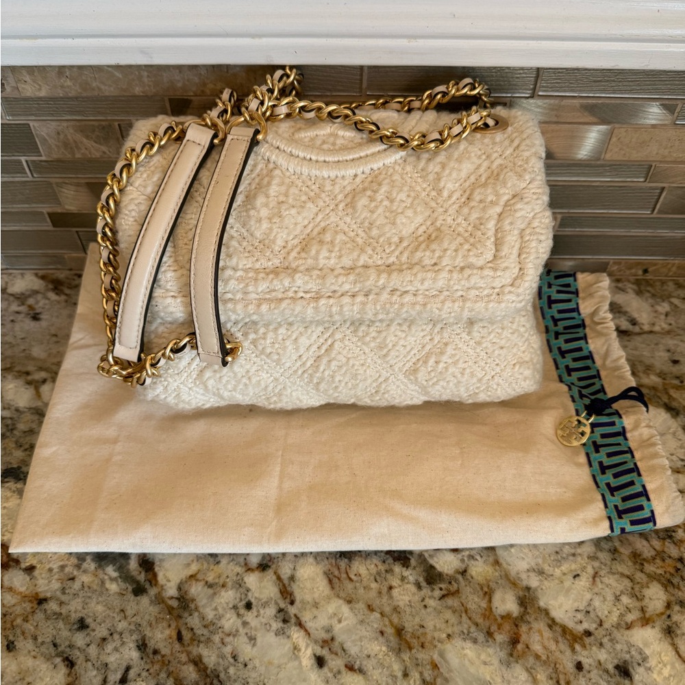 Tory Burch Cream Textured Shoulder Bag with Gold Chain